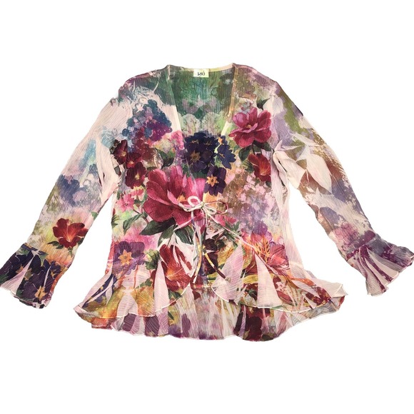 32 Degrees Tops - 180 Degrees Blouse Women's M Floral Crinkle Tie Front Ruffe Fairy Whimsigoth Y2K